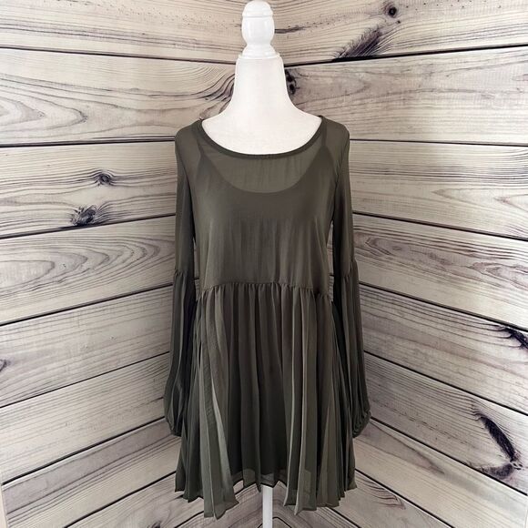 Lulus Olive Green Pleated Long Sleeve Swing Dress - Picture 6 of 11